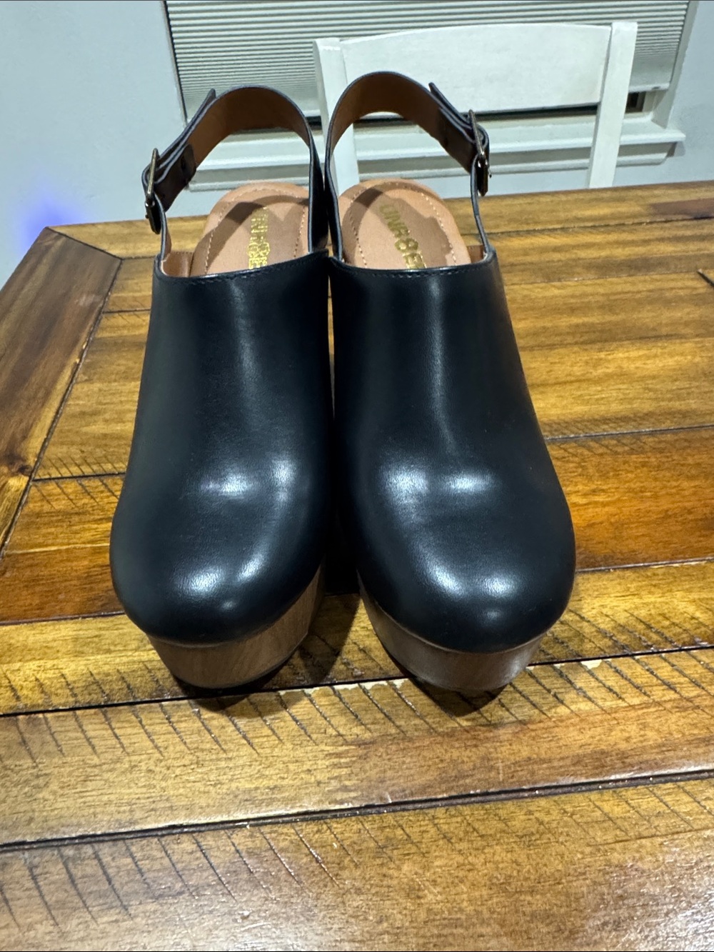 New Women’s Black Leather Platform Clog with Ankle Strap
